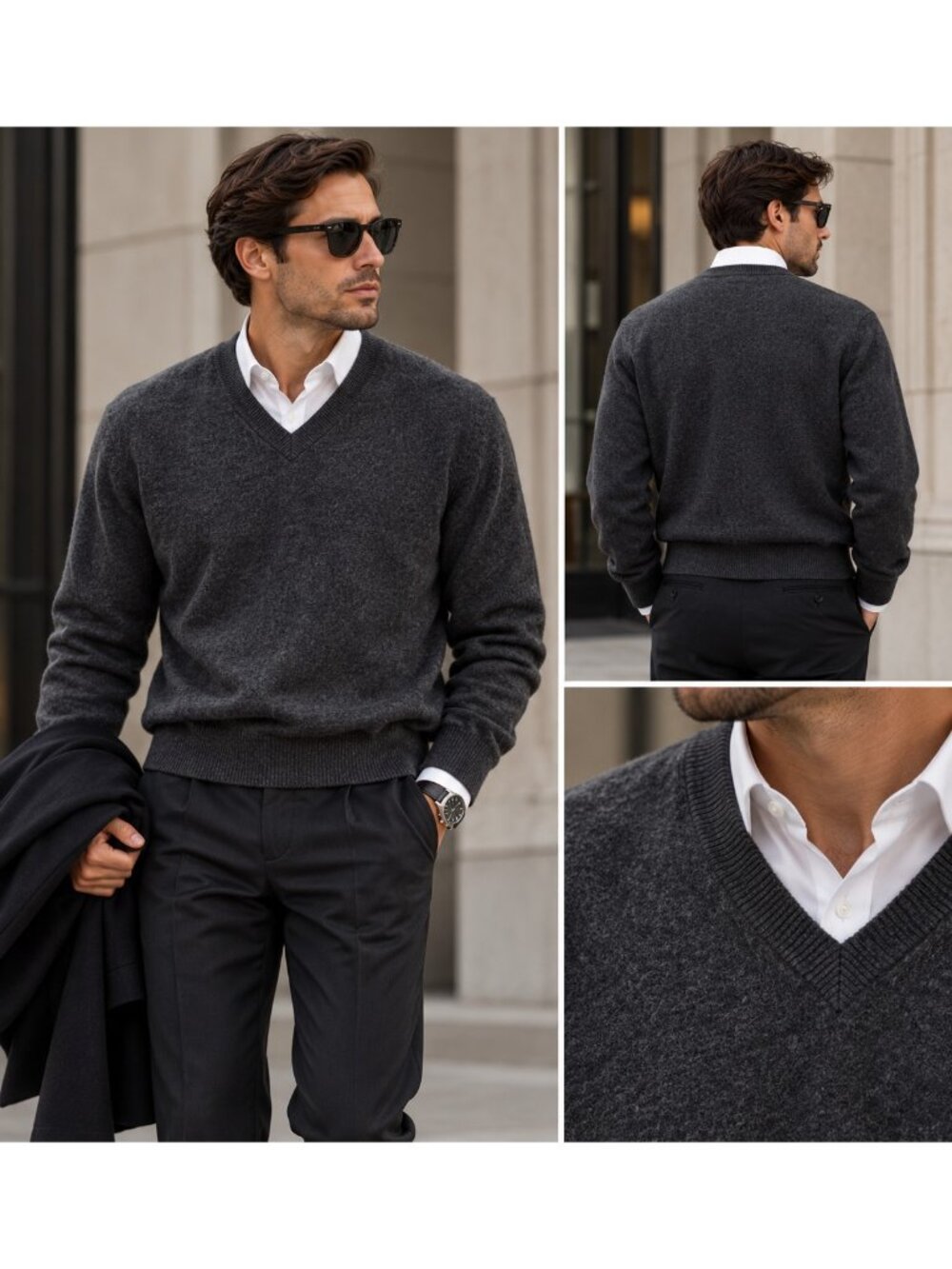 Daniel Bishop Men’s 100% Cashmere V-Neck Sweater Charcoal Gray Size S